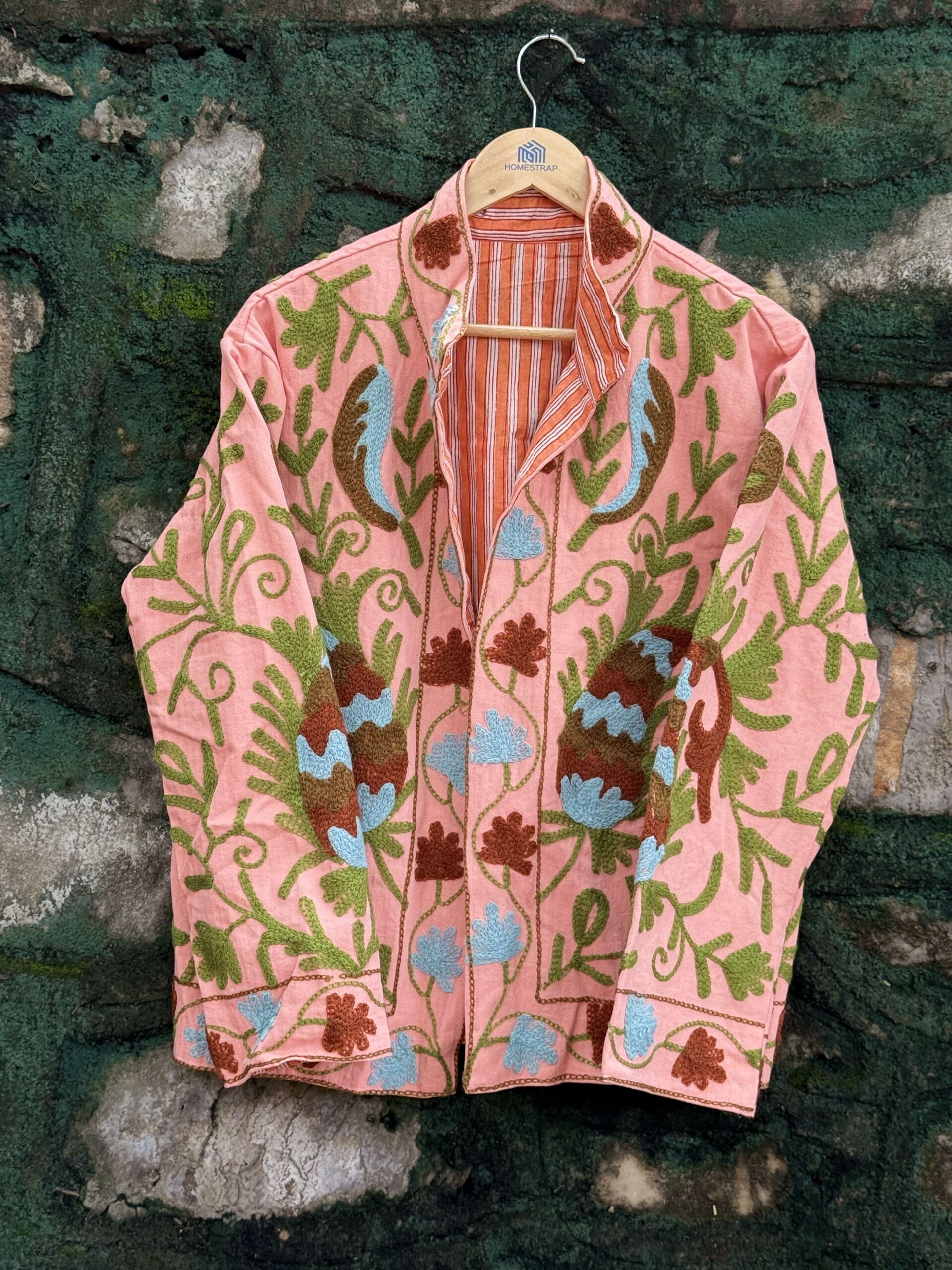 Womens Light Pink Velvet Embroidered Jacket with Floral Design - Image 2