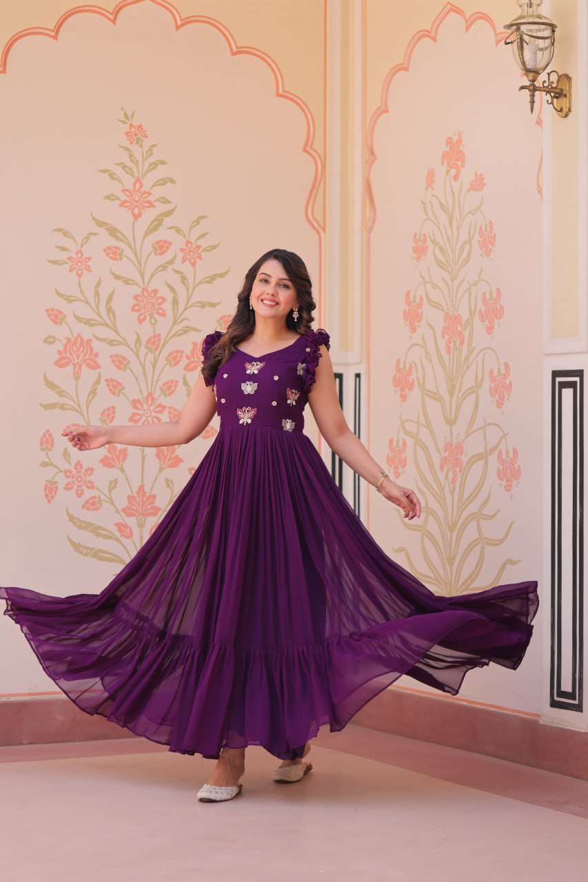 Women's Elegant Plum Purple Georgette Anarkali Gown with Butterfly Applique & Ruffle Sleeves – Festive & Special Occasion Wear - Image 15