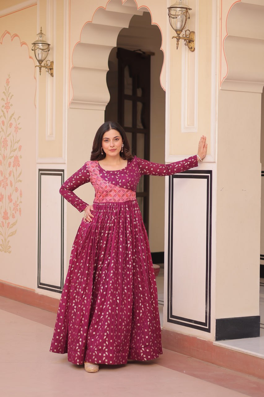 Women's Festive Berry Purple Printed Anarkali Gown with Intricate Zari Work & Embellished Yoke – Perfect for Traditional & Celebration Wear - Image 6